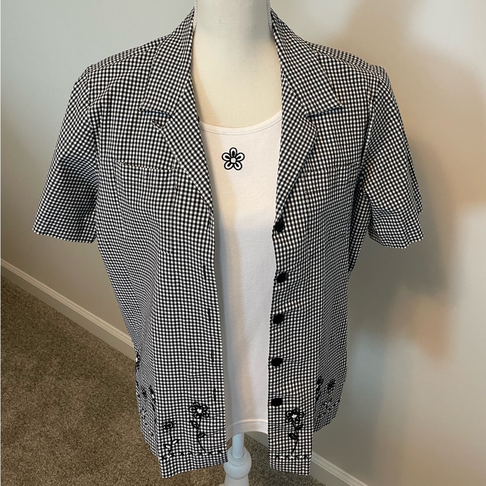 Alfred Dunner Black White Gingham Blouse Embroidered Mock Layered Tank I…